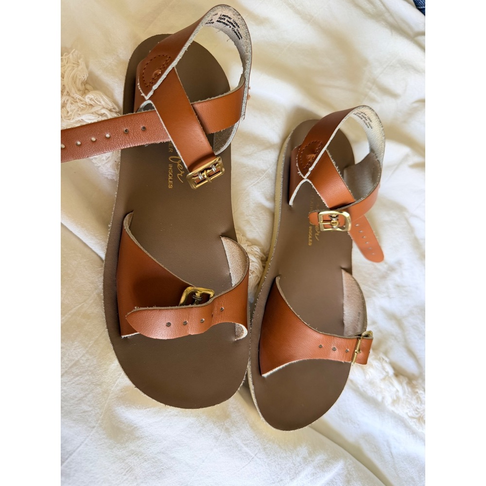 SunSans Salt Water Sandals Shoes Surfer Tan Leather Flat Buckle Sandals Size 1